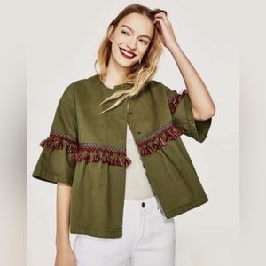 ZARA BASIC Dept. Z1975 DENIM Bell Sleeve Cotton Jacket w/ Fringe Trim Olive, XS